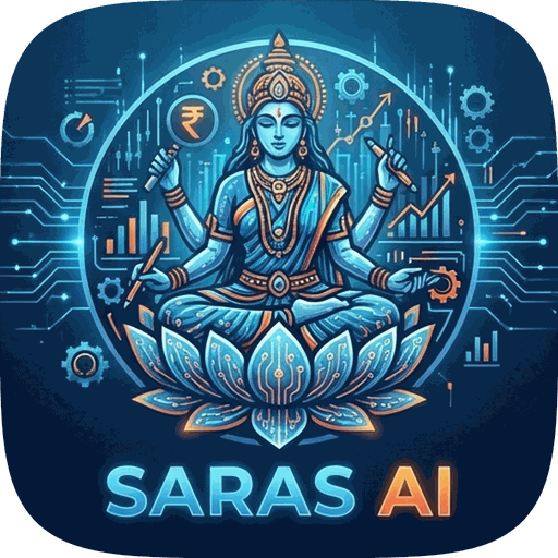 Saras AI logo: Saraswati seated on a lotus in navy, cyan and copper, with the words SARAS AI